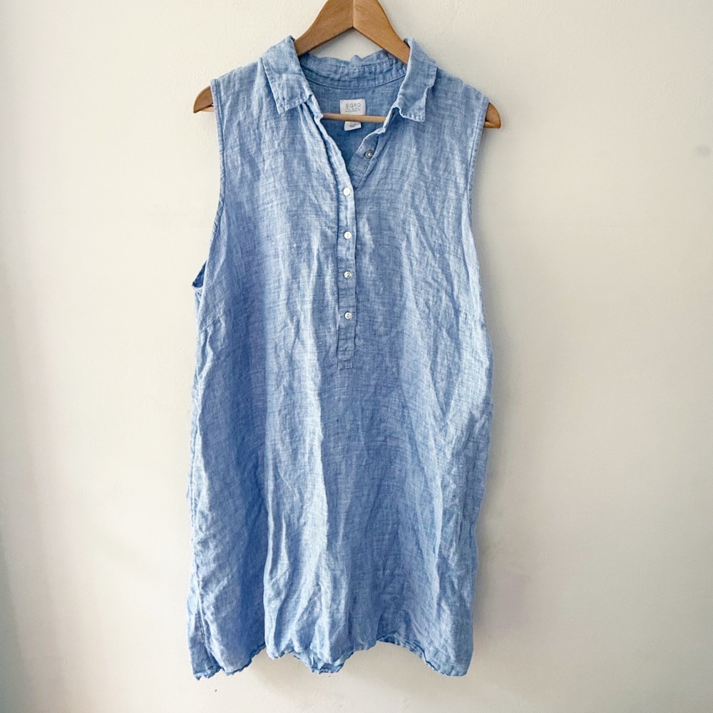 Sigrid Olsen Dress Womens 1X Blue Linen Sleeveless Coastal Grandma Lagenlook